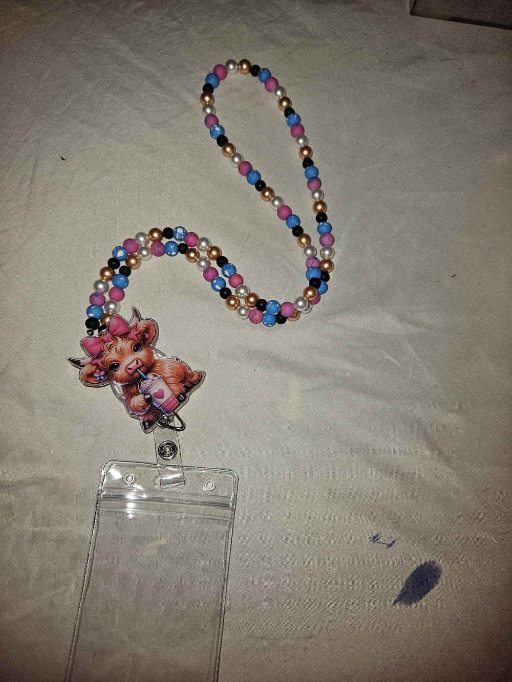 Cute Pink & Blue Beaded ID Badge Holder with Character Charm
